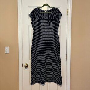 Orvis Striped Navy Blue Cotton Maxi Dress Cap Sleeve Chest Pocket Size L